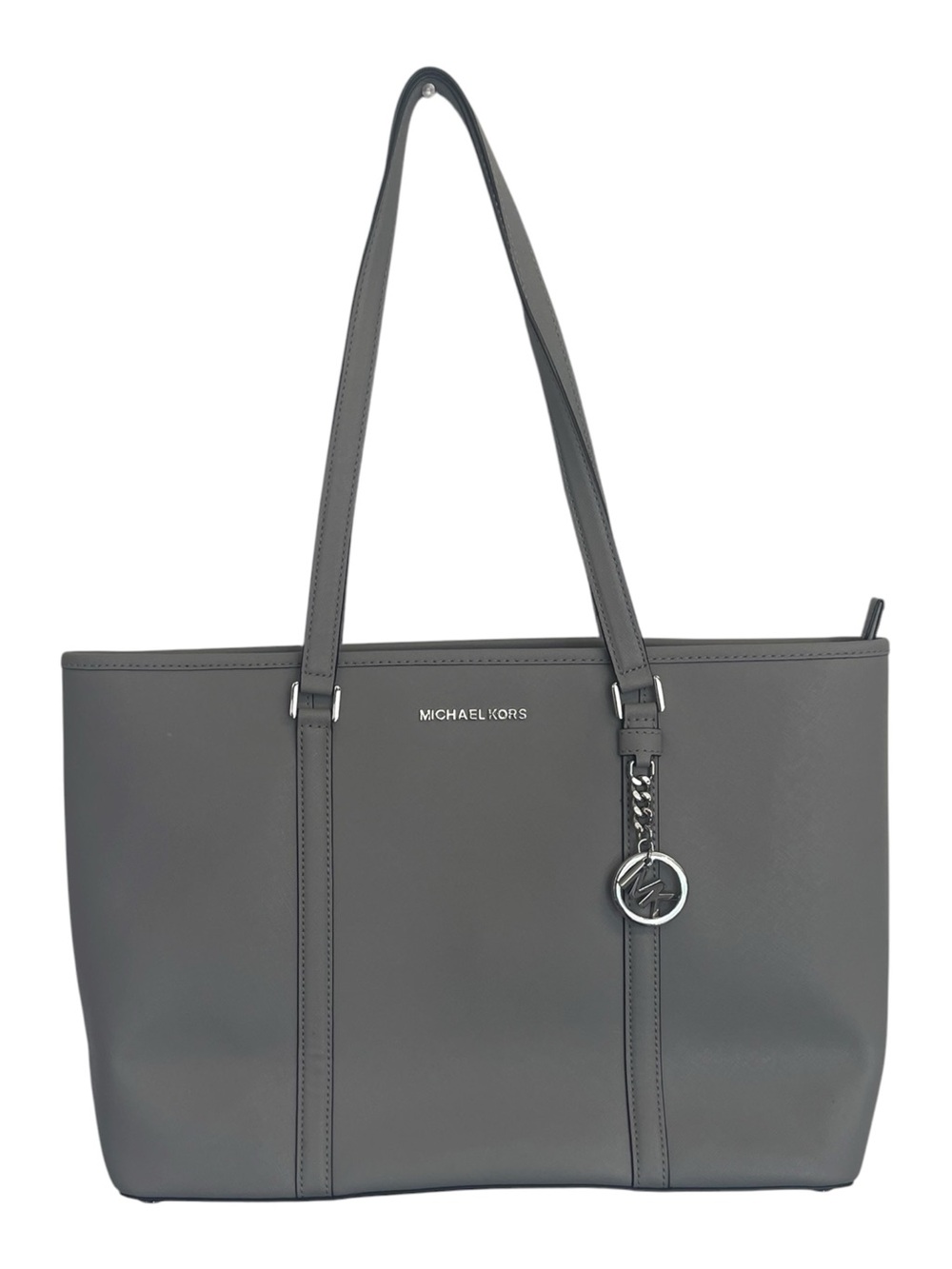 Michael Kors Gray Saffiano Leather Zip Top Tote Shoulder Bag Silver Hardware